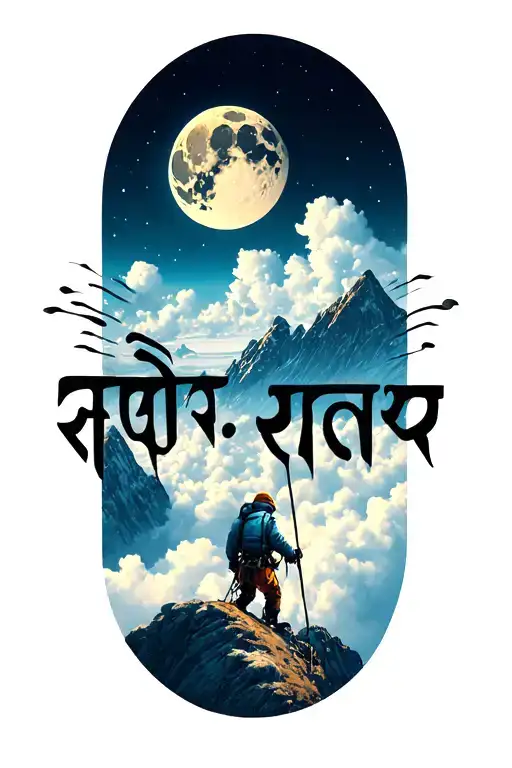 "करुणा" mountain moon above clouds. small climber in front. tattoo design idea