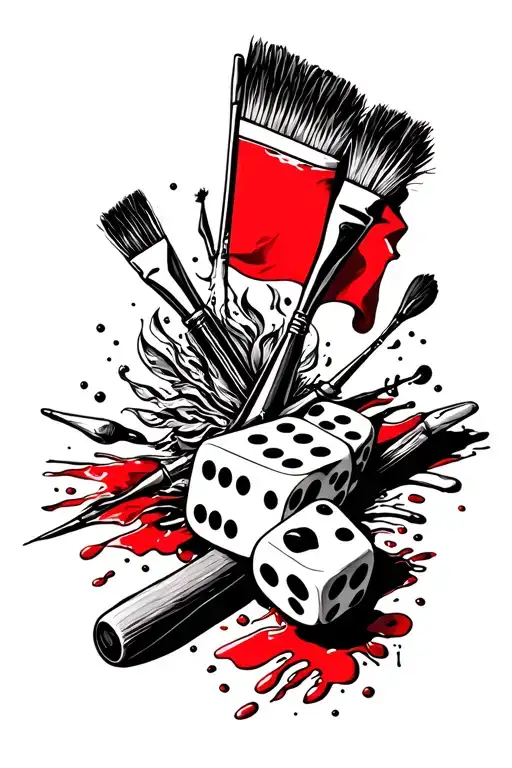 a tattoo with Spanish flag, dice and paint brushes tattoo design idea