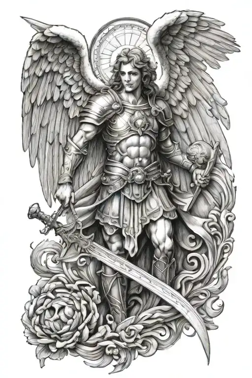 archangel Michael under a biblical angel eye tattoo design idea