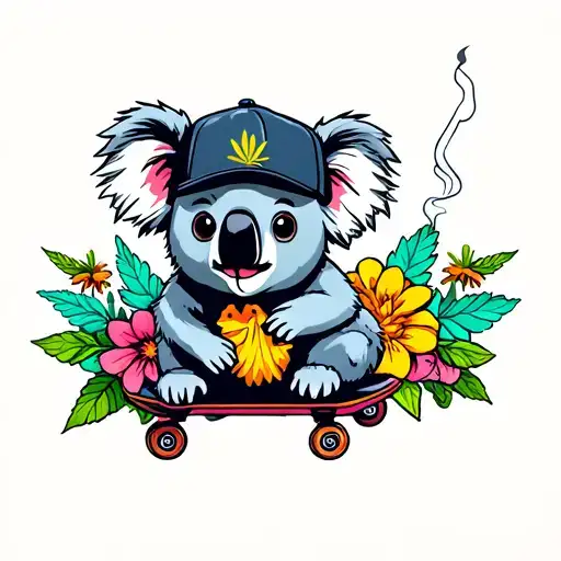 cute koala wearing skate cap and smoking weed surrounded by flowers tattoo design idea