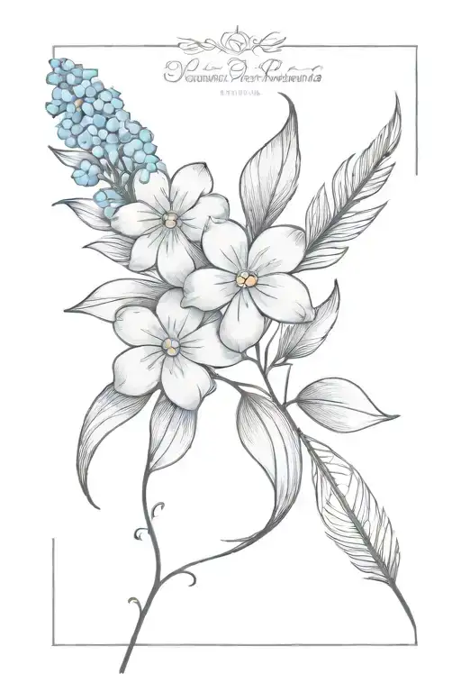 blue forget me not flower with feather tattoo design idea