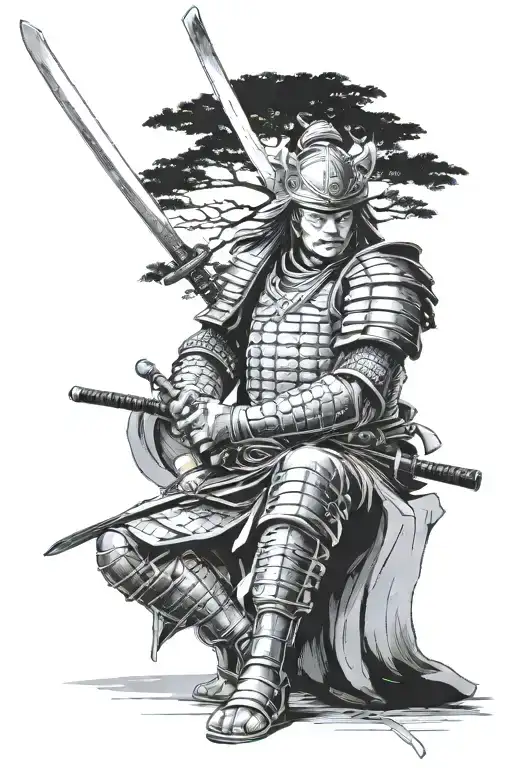 samurai in armor sitting under a tree and stroking his reflection, a sword next to him tattoo design idea