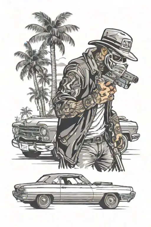 Above is a gangster in a mask with a gun in his hand, below is a lowrider, next to him is a palm tree tattoo design idea