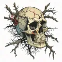 Cracked Blood covered Skull missing jawbone. Bleeding. Surrounded by Dry Thorny Blood soaked black Branches. no jawbone. tattoo design idea