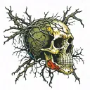 Cracked Blood covered Skull missing jawbone. Bleeding. Surrounded by Dry Thorny Blood soaked black Branches. no jawbone. tattoo design idea