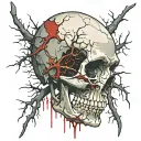 Cracked Blood covered Skull missing jawbone. Bleeding. Surrounded by Dry Thorny Blood soaked black Branches. no jawbone. tattoo design idea