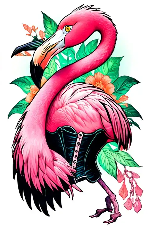pink flamingo wearing corset tattoo design idea