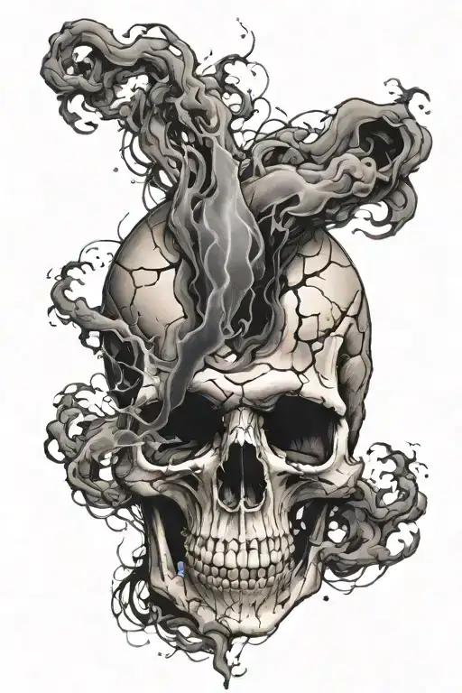 cracked skull and smoke  tattoo design idea