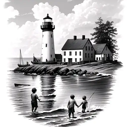 A black-grey tattoo of a lighthouse overlooking a fishing village, with your kids playing by the shore, symbolizing the safety and happiness they bring you amidst the vast ocean tattoo design idea