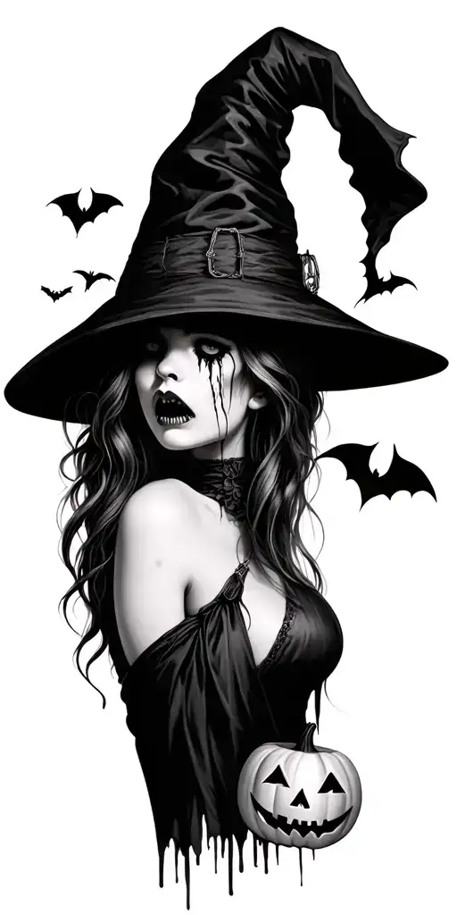 realistic pretty witch that is crying with bats and jack o lantern  tattoo design idea