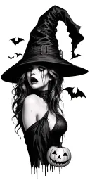 realistic pretty witch that is crying with bats and jack o lantern  tattoo design idea