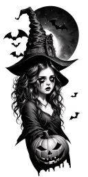 realistic pretty witch that is crying with bats and jack o lantern  tattoo design idea