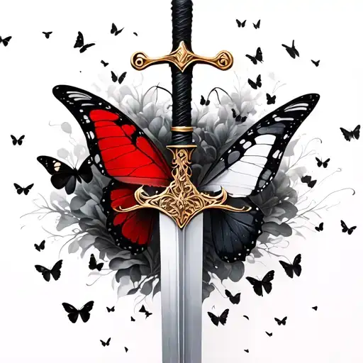 Red and gold Elegant sword surronded by black and white dying butterflies tattoo design idea