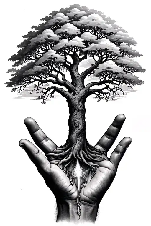 tree of life growing out of hand of adam into hand of god(like the painting hand of god) tattoo design idea