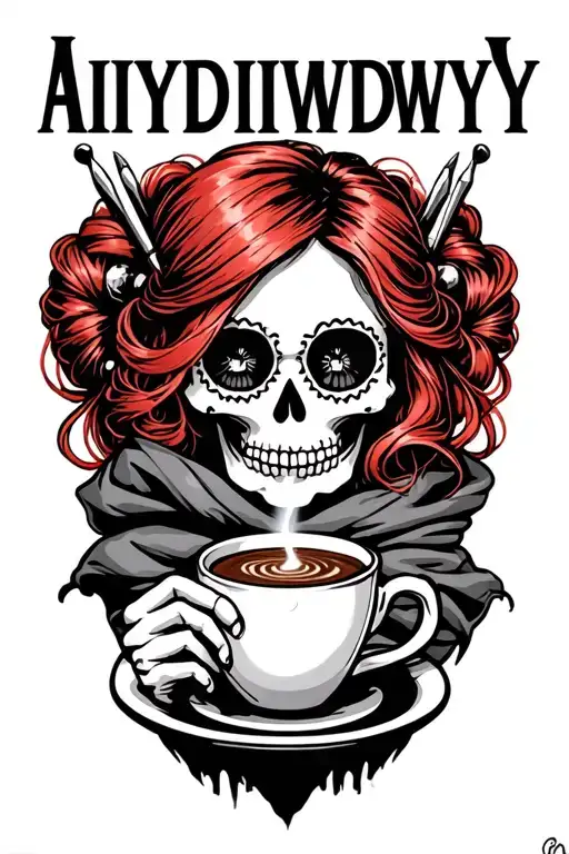 "AIYDIWDWY" sugar skull skeleton with red hair in a bun with crochet hooks, wearing a hair scarf holding a steaming coffee tattoo design idea