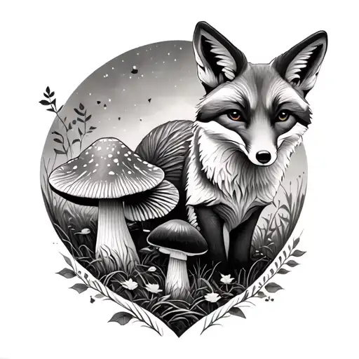 mushroom and fox nature scene autumn  tattoo design idea