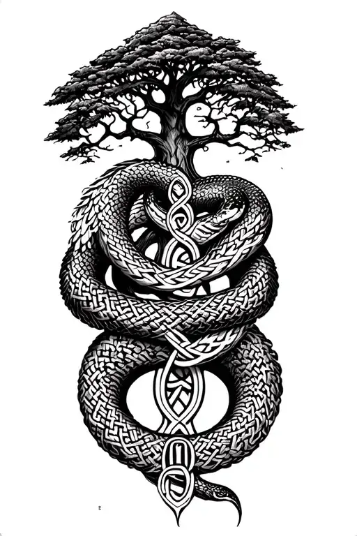 Celtic runes with the tree and giant snake tattoo design idea