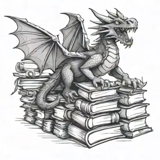 sketch a happy dragon on a stack of books  tattoo design idea