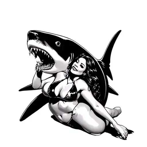 bull shark eating a hot lady in a bikini tattoo design idea