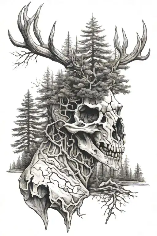 trees into mountains into deer skull tattoo design idea