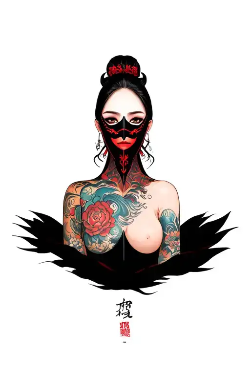 beautiful woman's face taking off her mask revealing the devil behind it tattoo design idea