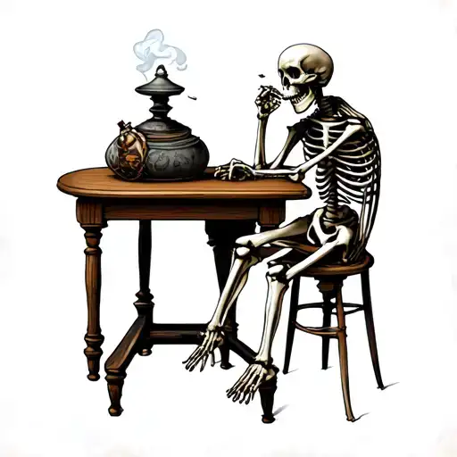 “A dark, dramatic tattoo design featuring a skeleton sitting at a wooden table, smoking a cigarette. Across from it sits tattoo design idea