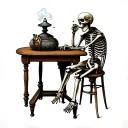“A dark, dramatic tattoo design featuring a skeleton sitting at a wooden table, smoking a cigarette. Across from it sits tattoo design idea