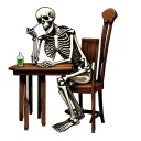 “A dark, dramatic tattoo design featuring a skeleton sitting at a wooden table, smoking a cigarette. Across from it sits tattoo design idea