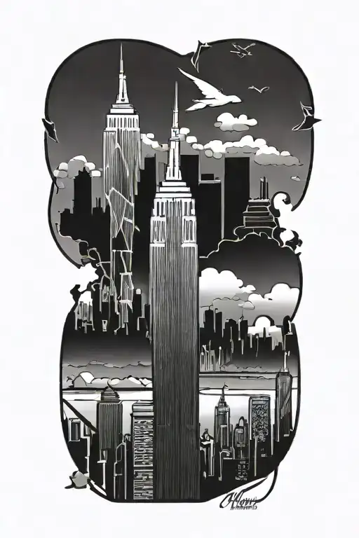 nyc skyline, puzzle piece anime inspired tattoo tattoo design idea
