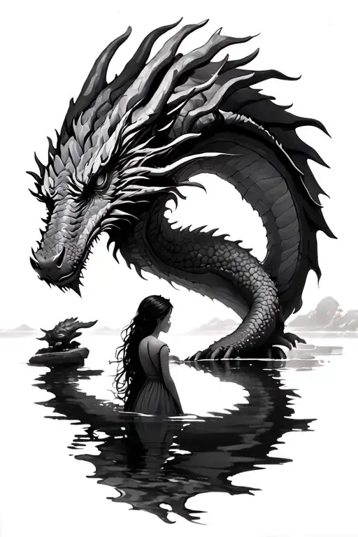 realistic dragon protecting a girl staring at her reflection, but the reflection is the dragon tattoo design idea