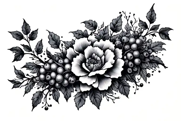 chest piece with vines, floral and berries tattoo design idea