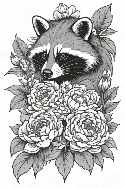 raccoon peony flowers tattoo design idea