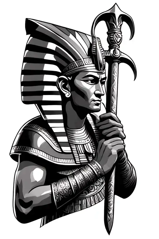 Pharaoh with crook and flail weapon tattoo design idea