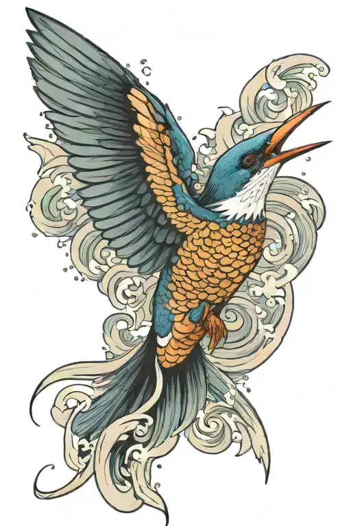 flying kingfisher with wave crashing tattoo design idea