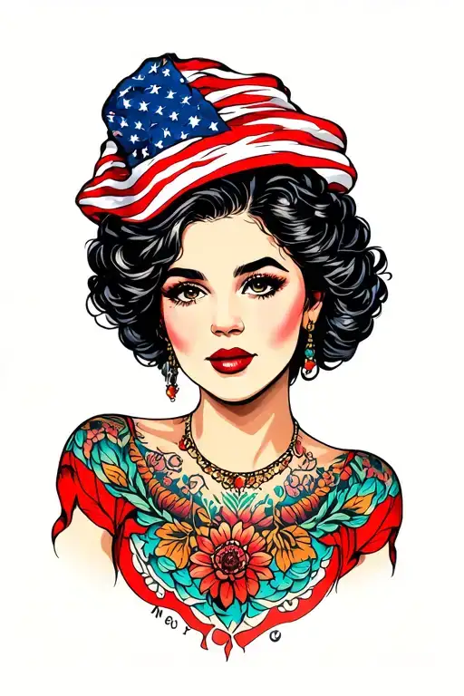 Woman with American traditional tattoo bodysuit tattoos and urban colorful clothing tattoo design idea