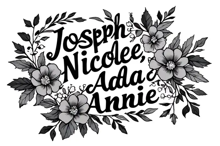 "Joseph, Nicole, Ada, Annie" leaves with dainty flowers tattoo design idea