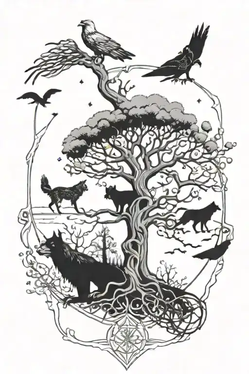 yggdrasil tree with wolves, thors hammer, a crow and an eagle and every other worlds also tattoo design idea
