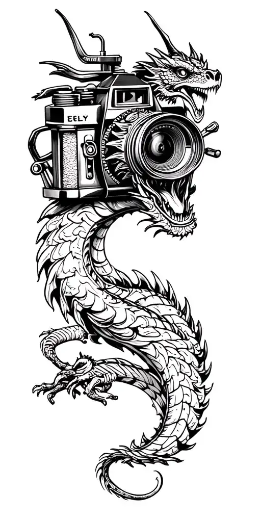 A blackwork tattoo of a vintage camera surrounded by motorcycle parts, with a dragon coiled around them in a protective stance, blending the client's interests in photography, motorcycles, and mythical creatures tattoo design idea