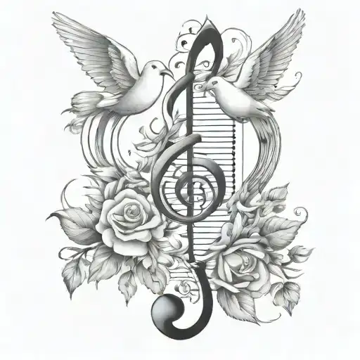 music key with music notes, flowers, 3 doves tattoo design idea