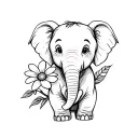 small tattoo of a cute elephant holding 3 flowers in greyscale fine line tattoo design idea