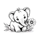 small tattoo of a cute elephant holding 3 flowers in greyscale fine line tattoo design idea