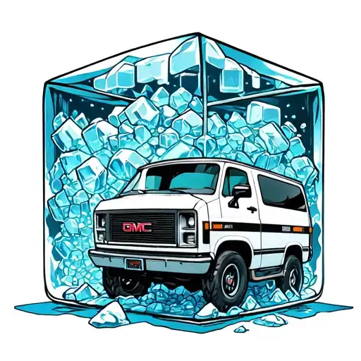 A tattoo design of an icecube with a white GMC Safari Van inside of it tattoo design idea