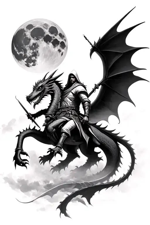 Make a black and white tattoo of ezio auditore (from assassins creed revelations) riding an asian dragon with the moon tattoo design idea