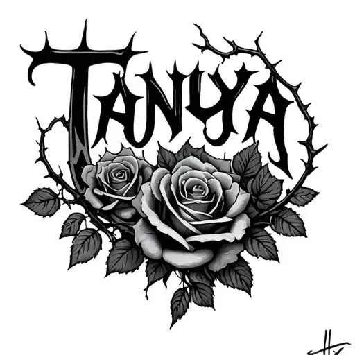 thorny vines that spell out Tanya while ripping through the skin the roses are growing on the letters tattoo design idea