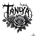 thorny vines that spell out Tanya while ripping through the skin the roses are growing on the letters tattoo design idea