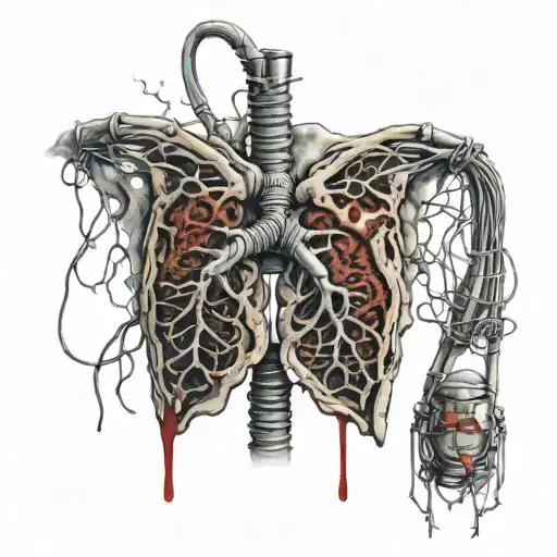 Realistic Human Lungs, veiny bloody, cybernetic, wires, rotting, decayed, bleeding organs, electronic tattoo design idea