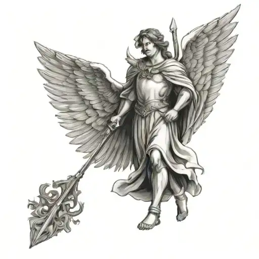 archangel Gabriel full body, holding a spear in right hand, holding a tablet or scroll in left tattoo design idea
