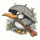 A sad gray duck holding an umbrella, in a neo traditional style tattoo design idea