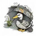 A sad gray duck holding an umbrella, in a neo traditional style tattoo design idea