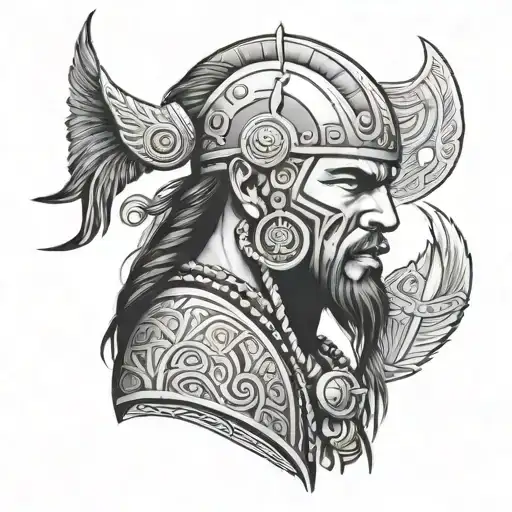 A warrior half Viking and half Guaraní Aborigine, fusing the cultures into a single being. His face divided into two, tattoo design idea